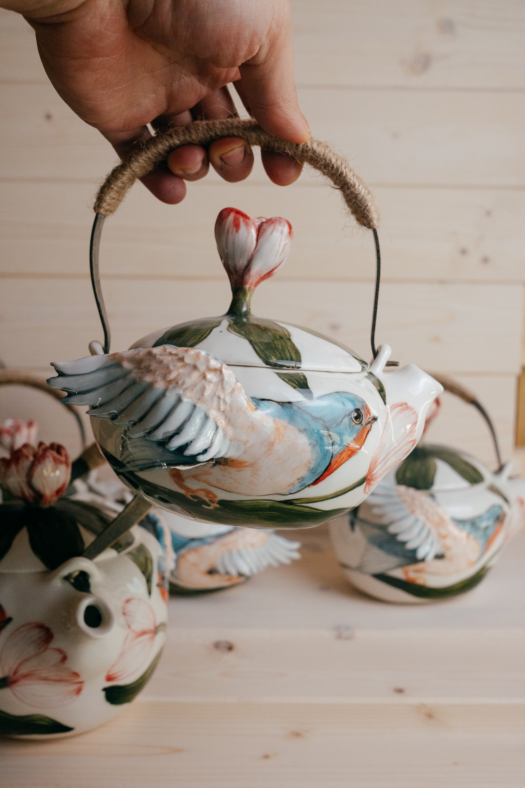 Swallows in Tulips | Handmade porcelain teapot