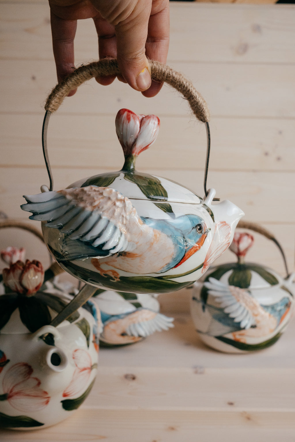 Swallows in Tulips | Handmade porcelain teapot