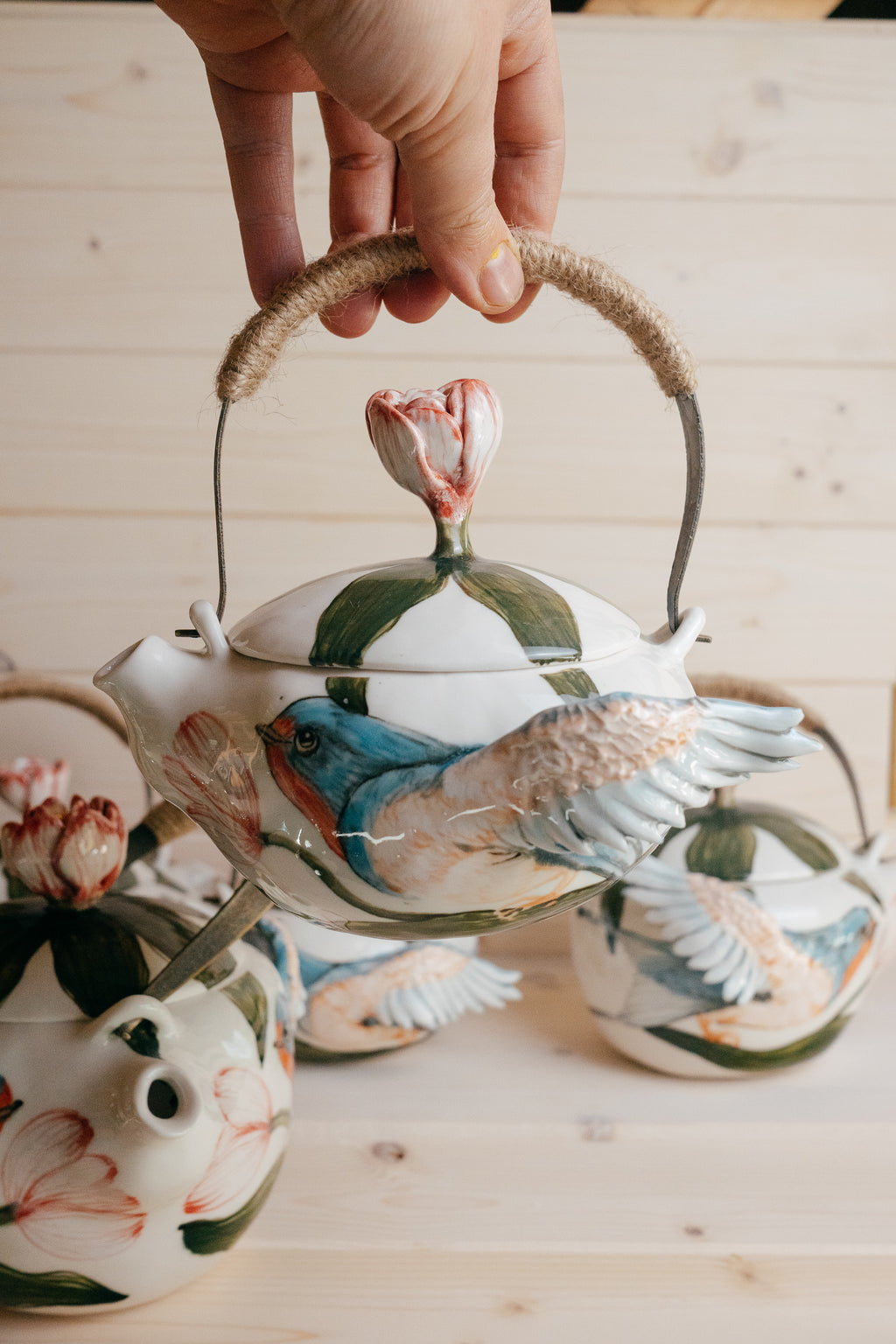 Swallows in Tulips | Handmade porcelain teapot