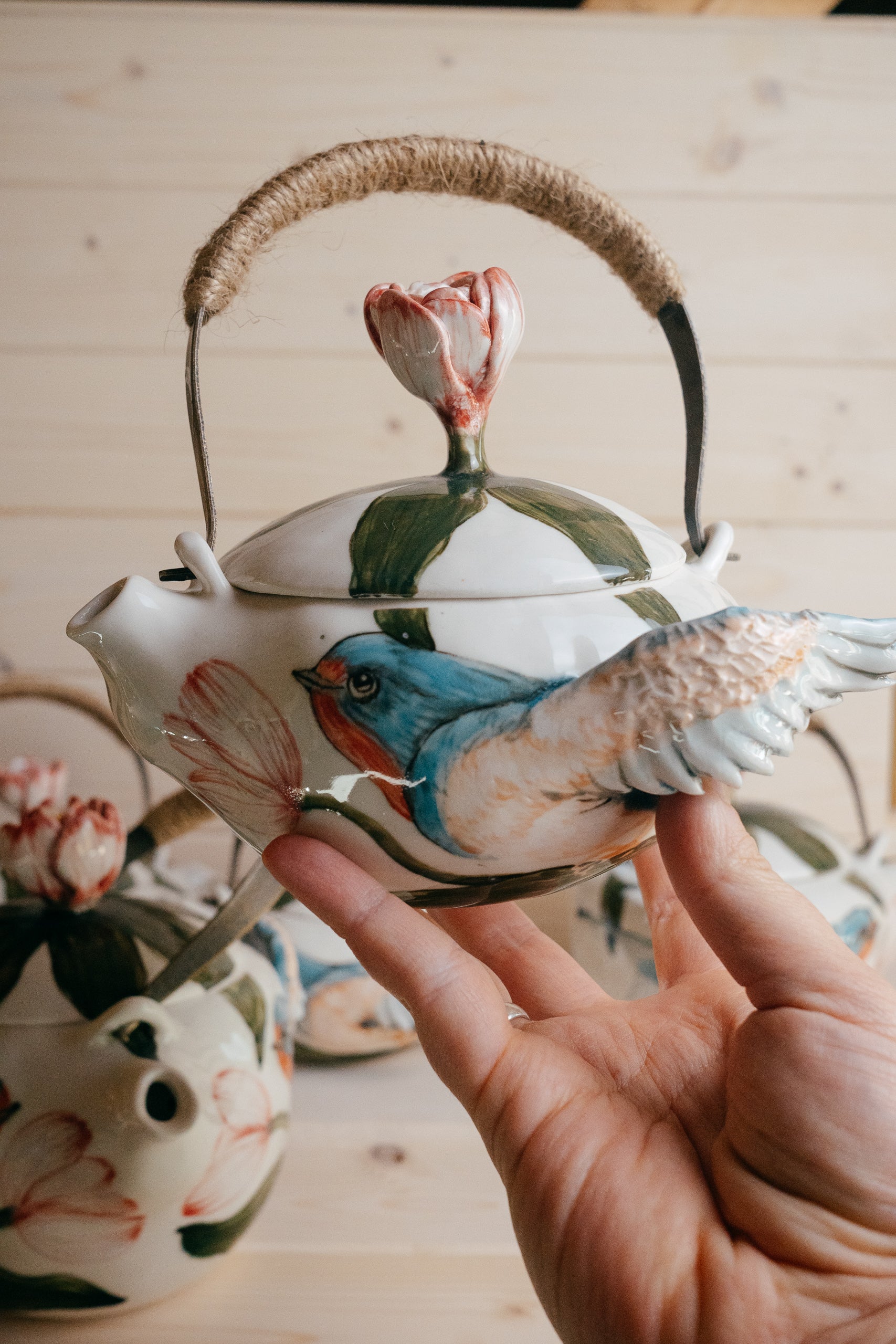 Swallows in Tulips | Handmade porcelain teapot