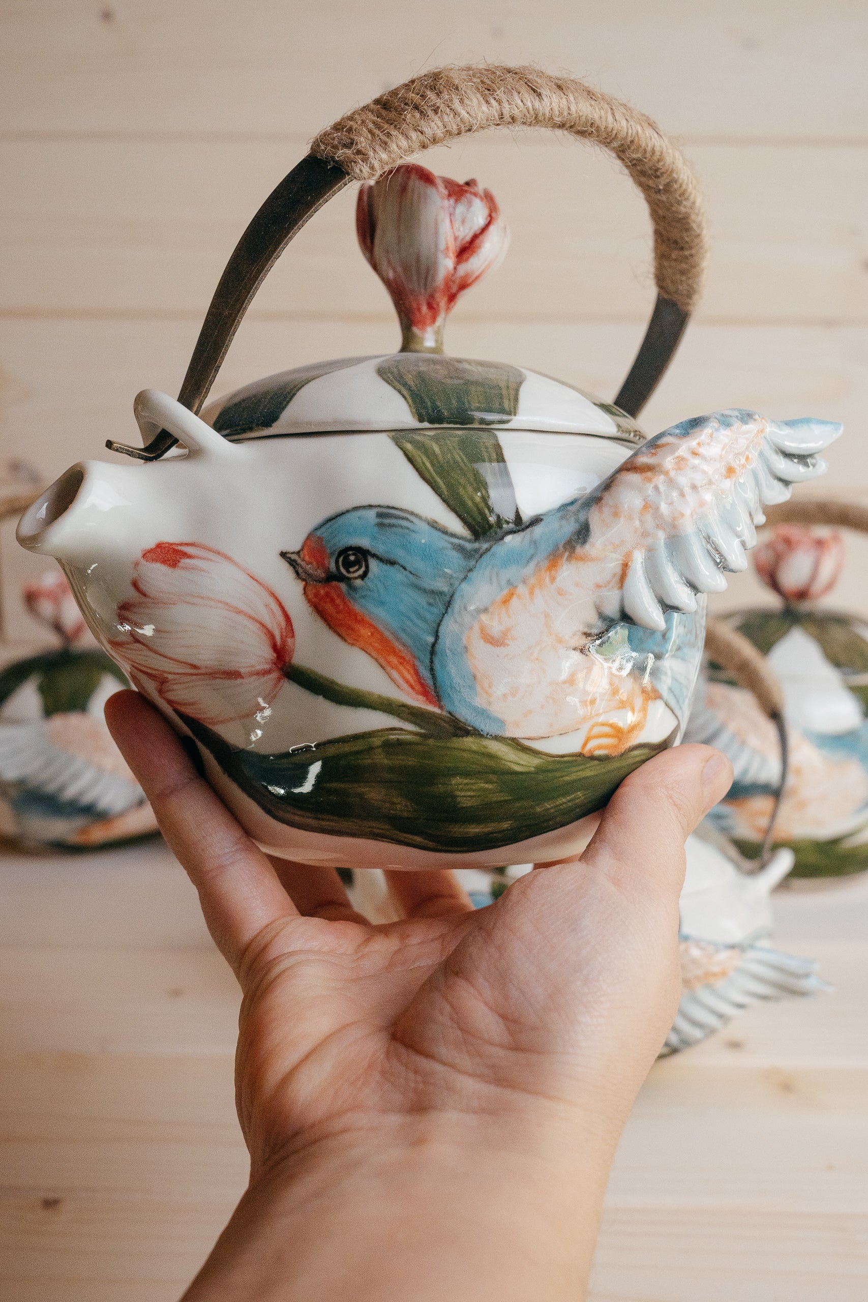 Swallows in Tulips | Handmade porcelain teapot