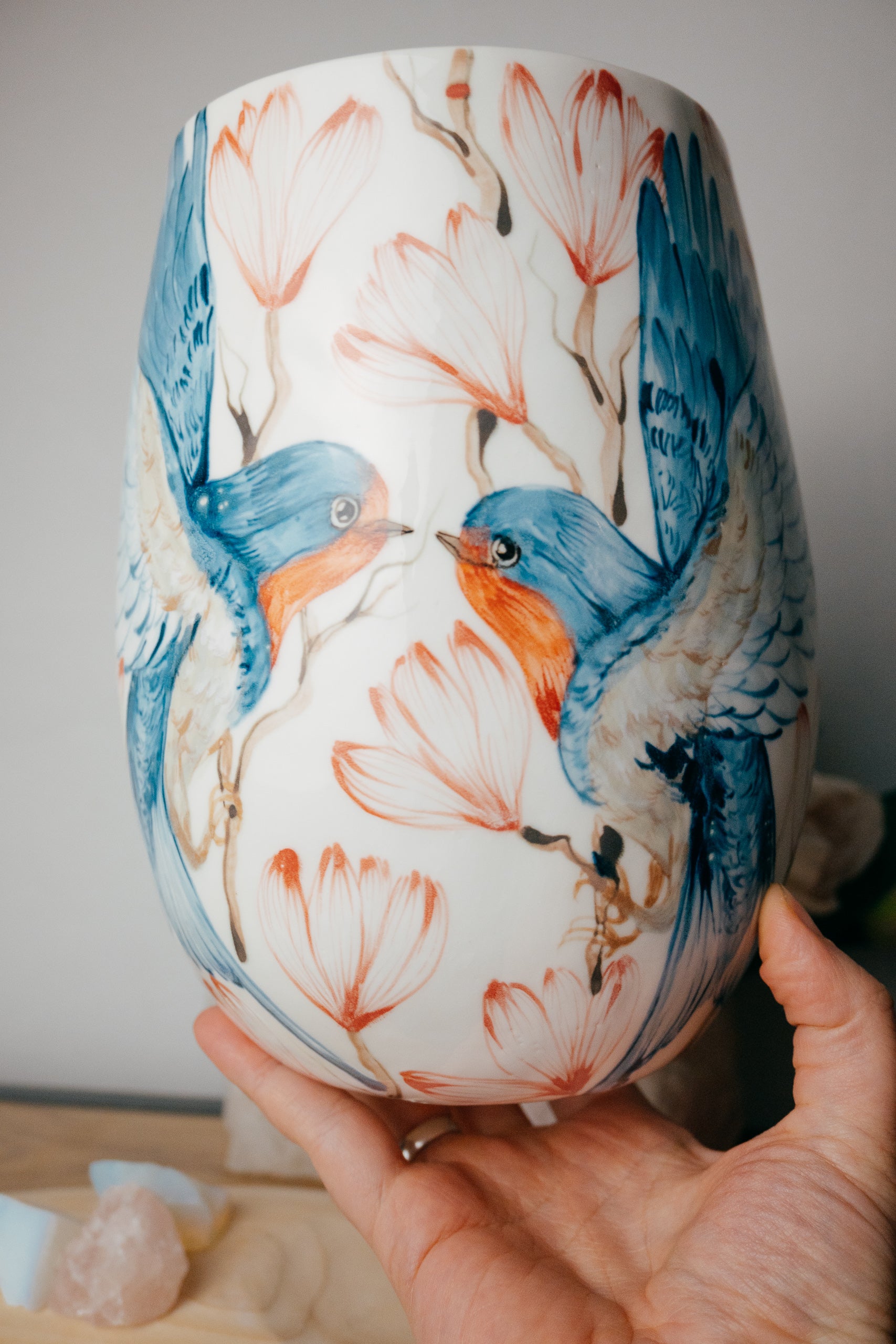 Swallows in Magnolias | Large Porcelain Vase