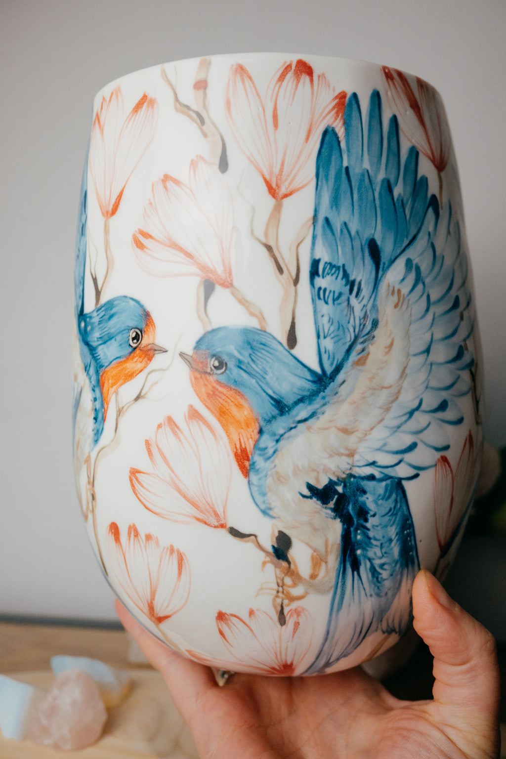 Swallows in Magnolias | Large Porcelain Vase