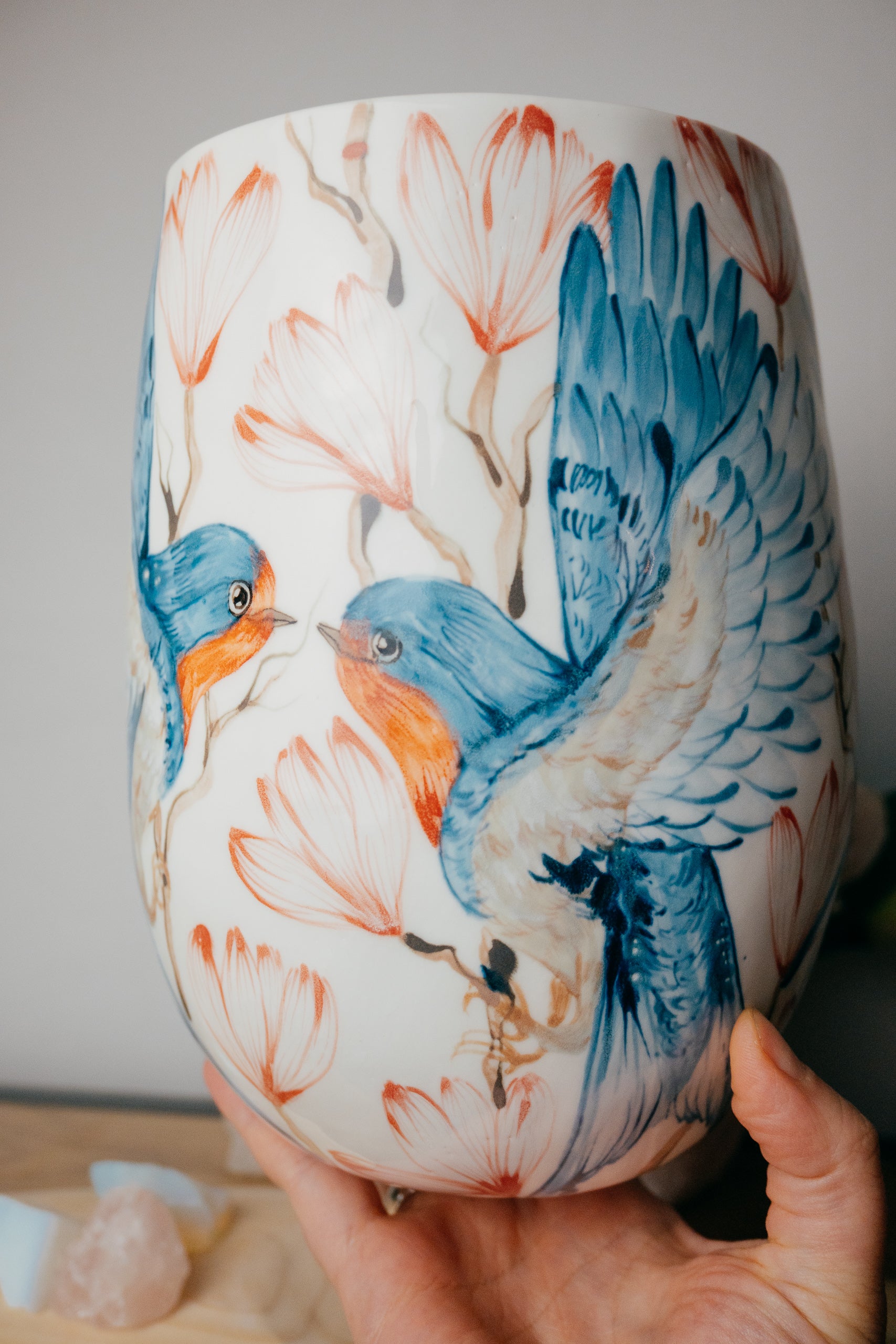 Swallows in Magnolias | Large Porcelain Vase