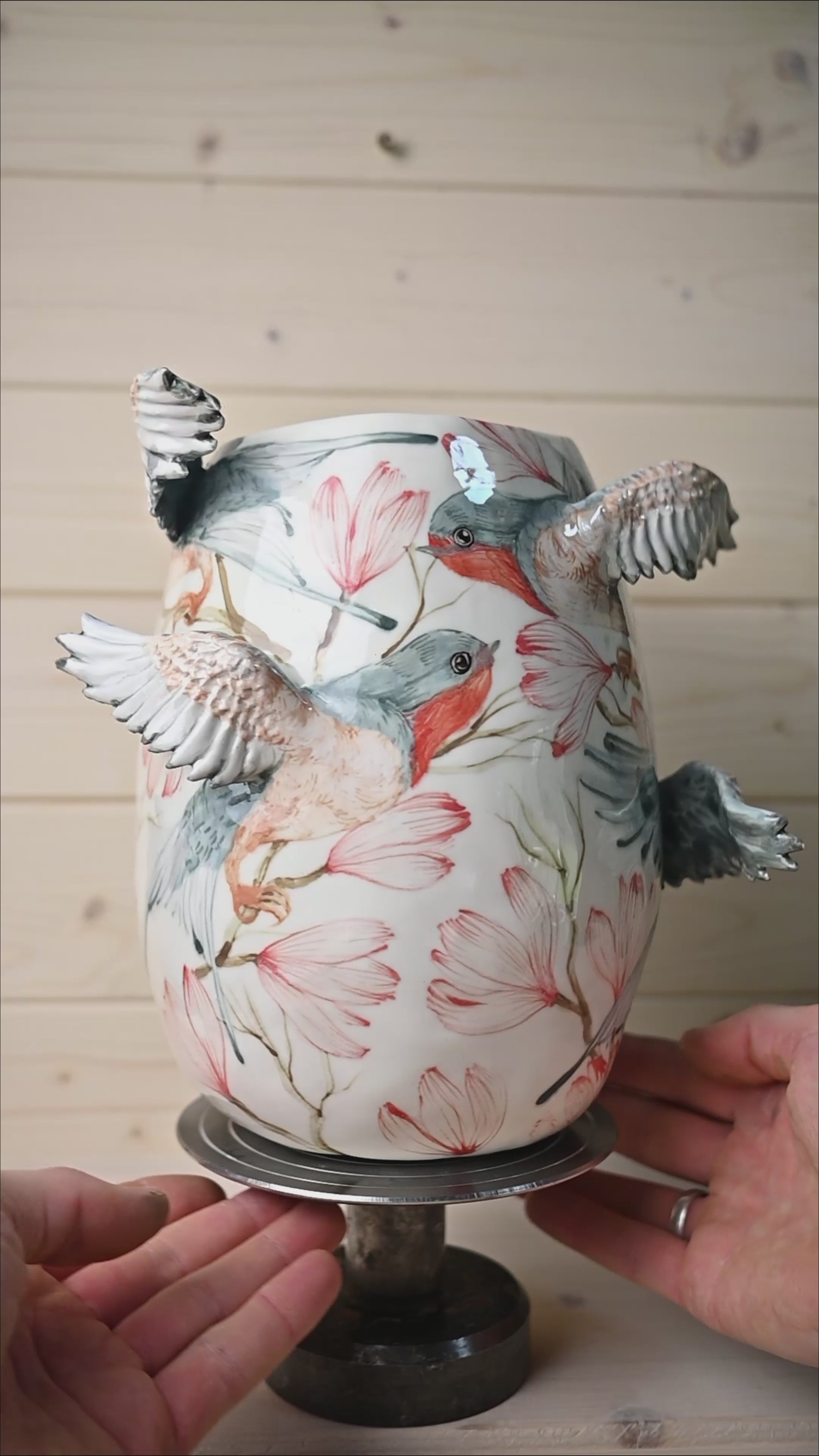 Large porcelain vase | Swallows in magnolias